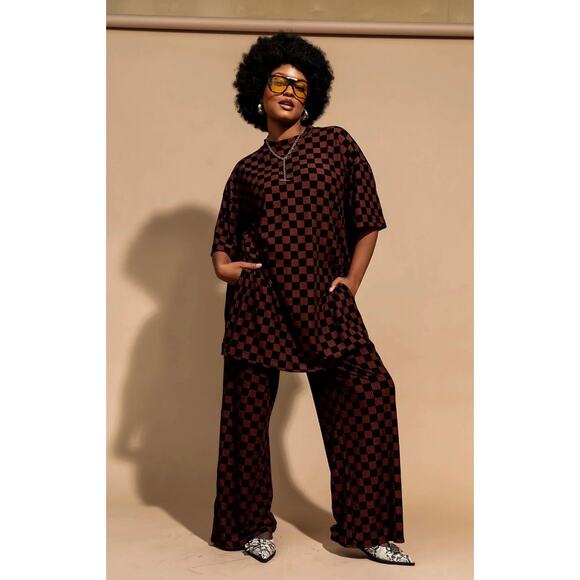 Dressed in LALA Other - Dressed In LALA Lex Ribbed Playsuit Mocha Brown Black Checkered Set Pants Medium